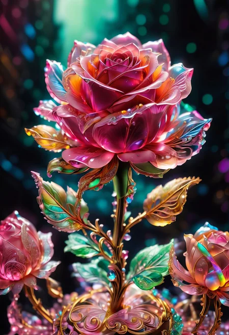 pink crystal rose flower, strong focus on subject, strong bokeh, empty background, multicolor,<lora:SDXL\detailed_notrigger:0.5>, <lora:SDXL\add-detail-xl:0.5>, <lora:SDXL\SDXLFaeTastic2400:0.5>, <lora:SDXL\WowifierXL-V2:0.5>