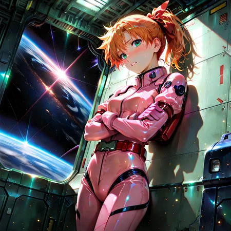 <lora:AddMicroDetails_Illustrious_v3:0.5>,addmicrodetails,<lora:IL_Johnny_ko_Ingrid0>,Johnny_ko,j_Ingrid,blonde hair,ponytail,red hair bow,
gloves,boots,belt,
pink j_pilot suit,1girl,solo,from below,dutch angle,backlighting,faint light,drop shadow,light particles,Tilting head backward,disheveled hair,long hair floating everywhere,looking at viewer,teeth showing,embarrassed,misty,cowboy shot,foreshortening,ceiling,anime coloring,anime screencap,source_anime,head tilt,hand on hip,sulky look,crossed arms,profile,against wall,Puffing out the chest,space,sci-fi,hangar,(floating),, colorful, masterpiece, best quality, amazing quality