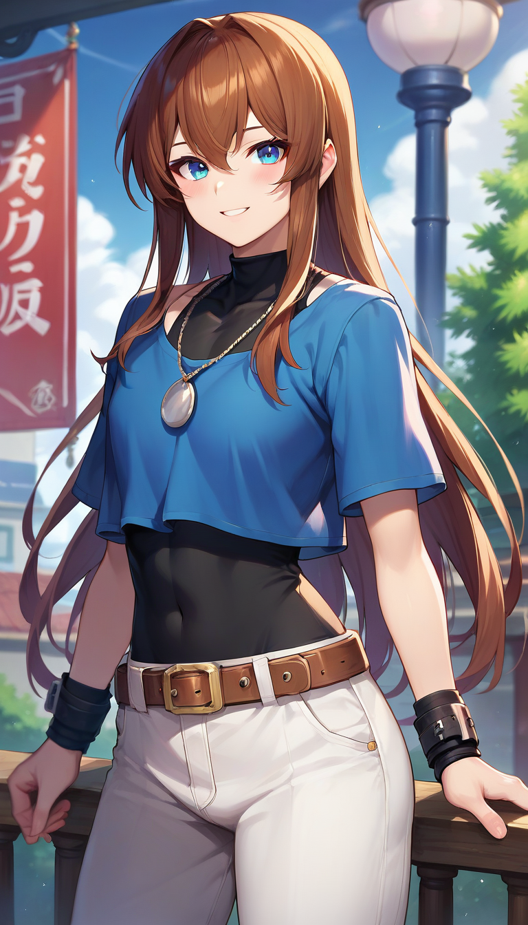 score_9,score_8_up,score_7_up,score_6_up BREAK official art,1girl,solo,outdoors,cowboy shot,looking at viewer,facing viewer,smile,blush,androgynous,Chris,very long hair,brown hair,sidelocks,hair between eyes,bangs,blue eyes,jewelry,necklace,blue shirt,turtleneck,black vest,vest covered navel,short sleeves,wristband,bracelet,large breasts,groin,brown belt,white pants,pants rolled up,black socks,blue boots,<lora:Chris(kof)-Pony:1.4>,