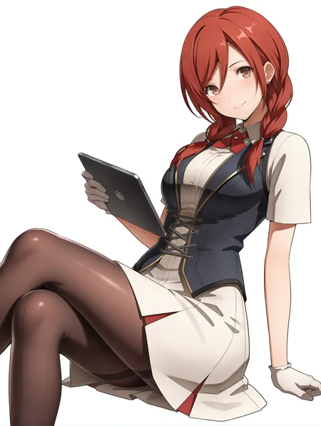 masterpiece,best quality,newest,
1girl,solo,
<lora:t_hibari_b_ilxl_v1.1:1>,t_h_b,red hair,twin braids,brown eyes,
h_clothes,red ascot,white gloves,black vest,white skirt,black_pantyhose,
<lora:Fixhands_anime_bdsqlsz_V1:1>,white_background,simple_background,holding,tablet,smile,