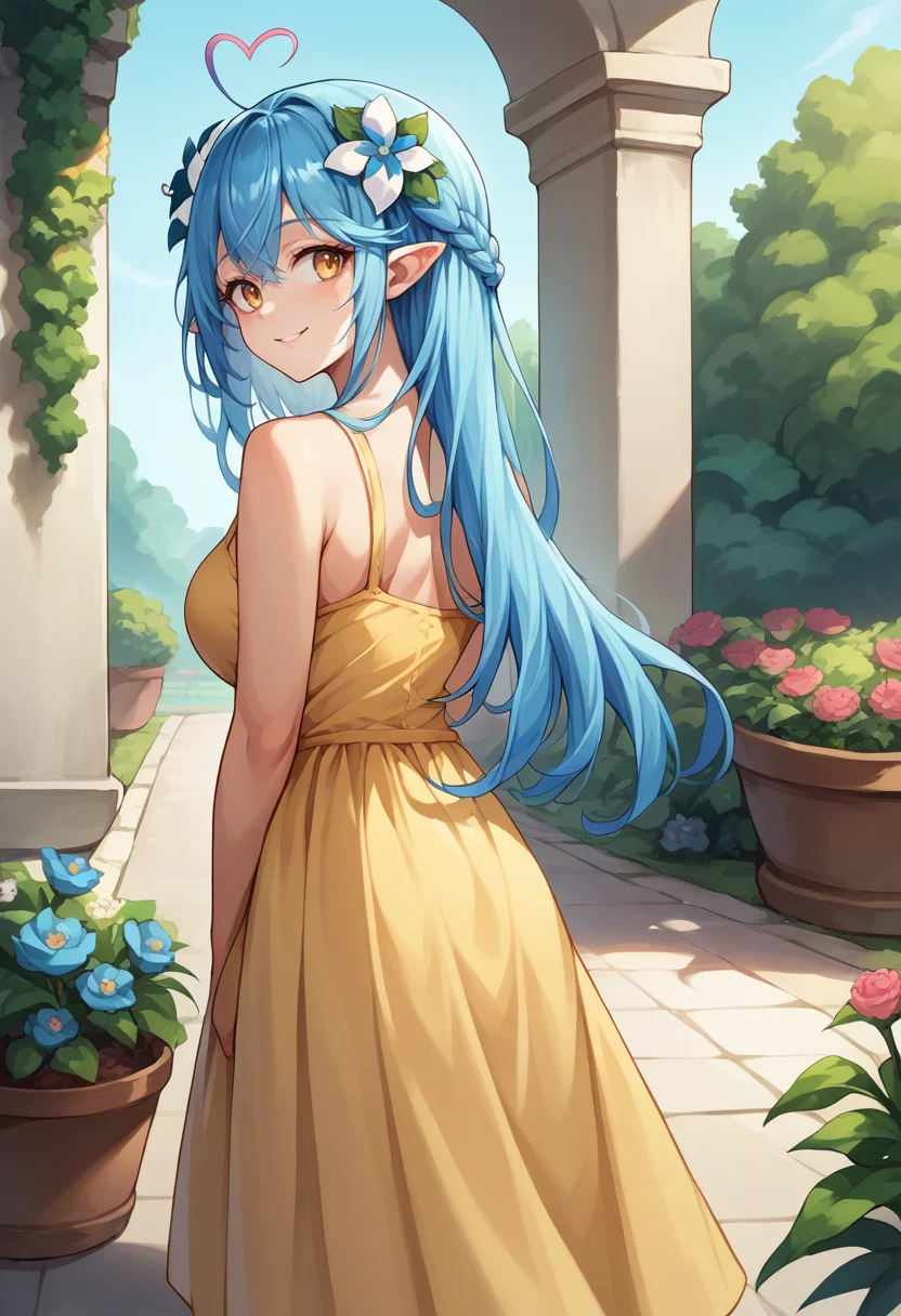 score_9, score_8_up, score_7_up, source_anime, 1girl, solo, YukihanaLamy, blue hair, long hair, heart ahoge, hair flower, from behind, yellow sundress, garden, day, sunshine, smile, looking back, <lora:ChamYukihanaLamyPony:1>