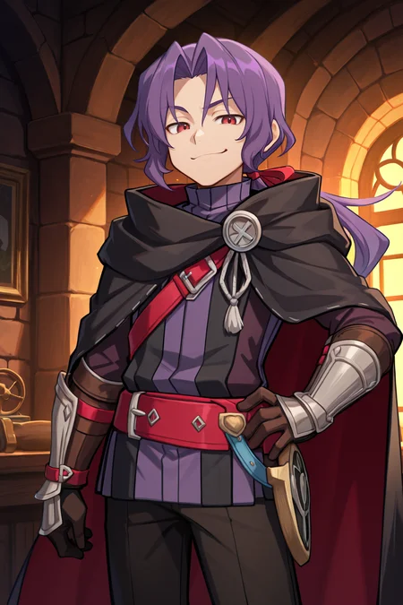 <lora:RussellIL:0.8> , rusdef, 1boy, red eyes, purple hair, long hair, ponytail, low ponytail, hair ribbon, black cloak, cape, striped tunic, tunic, belt, black pants, gauntlets, looking at viewer, (cowboy shot), hand on hip, sassy, smug, interior, ramparts, castle masterpiece, very aesthetic, absurdres, best quality, amazing quality, high resolution, <lora:illustrious_quality_modifiers_masterpieces_v1:0.8> , <lora:ChamIllustriousBackgroundEnhancer:0.5>, solo,