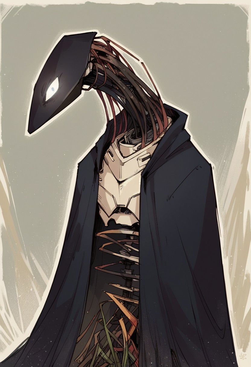 score_9, score_8_up, score_7_up, score_6_up, score_5_up, score_4_up, BREAK, source_anime, score_9, score_9, score_8_up, score_7_up, anime, AM, robot, black cloak, one eye, one-eyed, looking at you, neck wires, mechanical, white eye, glowing eye, black body, closeup shot, face focus, portrait, upper body, bust, wallpaper