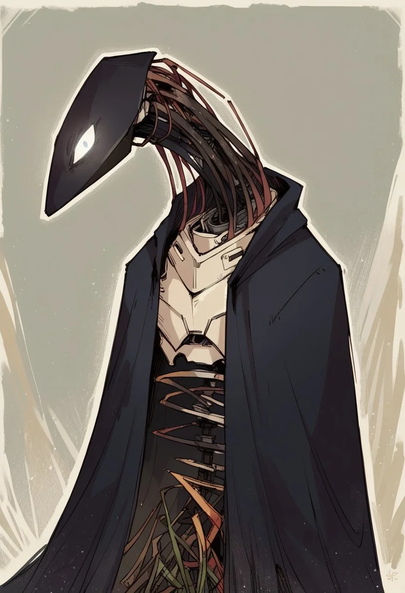 score_9, score_8_up, score_7_up, score_6_up, score_5_up, score_4_up, BREAK, source_anime, score_9, score_9, score_8_up, score_7_up, anime, AM, robot, black cloak, one eye, one-eyed, looking at you, neck wires, mechanical, white eye, glowing eye, black body, closeup shot, face focus, portrait, upper body, bust, wallpaper