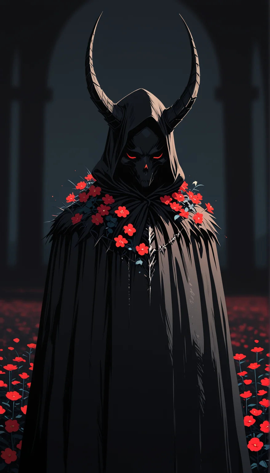masterpiece, best quality, newest, highres, absurdres,no lineart, no outline, detailed, solo, horns, hood, blurry background, cloak, negative space,blending,chiaroscuro,flowers, too many flowers),three quarter view,depth of field,scenery