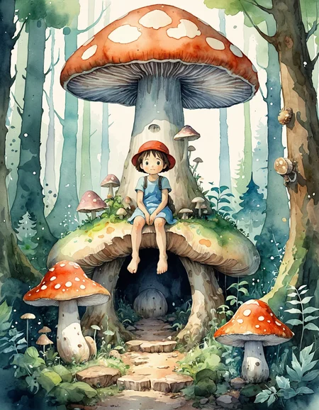 A watercolor-style image of a child sitting under a giant mushroom in a fantasy forest. Whimsical and soft, Studio Ghibli style.