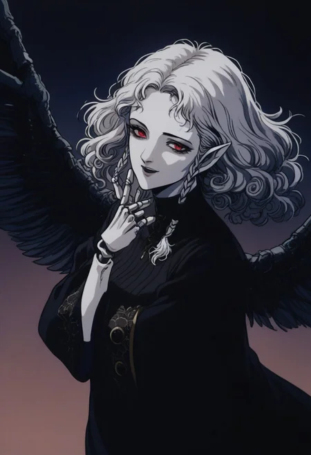 score_9, score_8_up, score_7_up, rating_questionable, D4rkR3troSc1f1, 1girl, agratsmtvv, curly hair, grey hair, twin braids, colored skin, grey skin, red eyes, pointy ears, witch hat, black dress, detached sleeves, black wings, doll joints, solo, kneeling, from side, looking up, (hands up, arms raised), head tilted, android body, exposed android joints, white hair, (mechaincal wings:1.2),open mouth, looking at viewer, evil smile, vgtsav, hand on own face, dark background, post-apocalyptic, cityscape