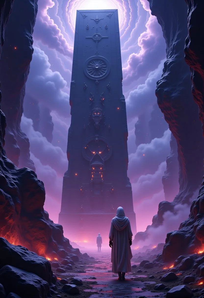 A colossal stone monument stands before an expansive void, its surface engraved with cryptic symbols that pulse with an otherworldly energy. The monument towers above, casting a long shadow over the swirling darkness below, while faint wisps of mist coil around its base, swirling upward into the empty space above.
The colors around the void shift unnaturally, with hues of deep purple and midnight blue melding into one another, giving the impression of a swirling cosmos filled with uncharted horrors. The ground is littered with shattered glass and fragments of forgotten relics, glinting ominously in the dim light.
Above the monument, dark clouds roil and churn, occasionally revealing glimpses of monstrous shapes twisting within the void. As the monument hums with energy, a figure cloaked in tattered robes approaches, extending a trembling hand toward the abyss, drawn by a force that threatens to consume them whole.