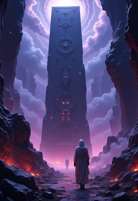 A colossal stone monument stands before an expansive void, its surface engraved with cryptic symbols that pulse with an otherworldly energy. The monument towers above, casting a long shadow over the swirling darkness below, while faint wisps of mist coil around its base, swirling upward into the empty space above.
The colors around the void shift unnaturally, with hues of deep purple and midnight blue melding into one another, giving the impression of a swirling cosmos filled with uncharted horrors. The ground is littered with shattered glass and fragments of forgotten relics, glinting ominously in the dim light.
Above the monument, dark clouds roil and churn, occasionally revealing glimpses of monstrous shapes twisting within the void. As the monument hums with energy, a figure cloaked in tattered robes approaches, extending a trembling hand toward the abyss, drawn by a force that threatens to consume them whole.