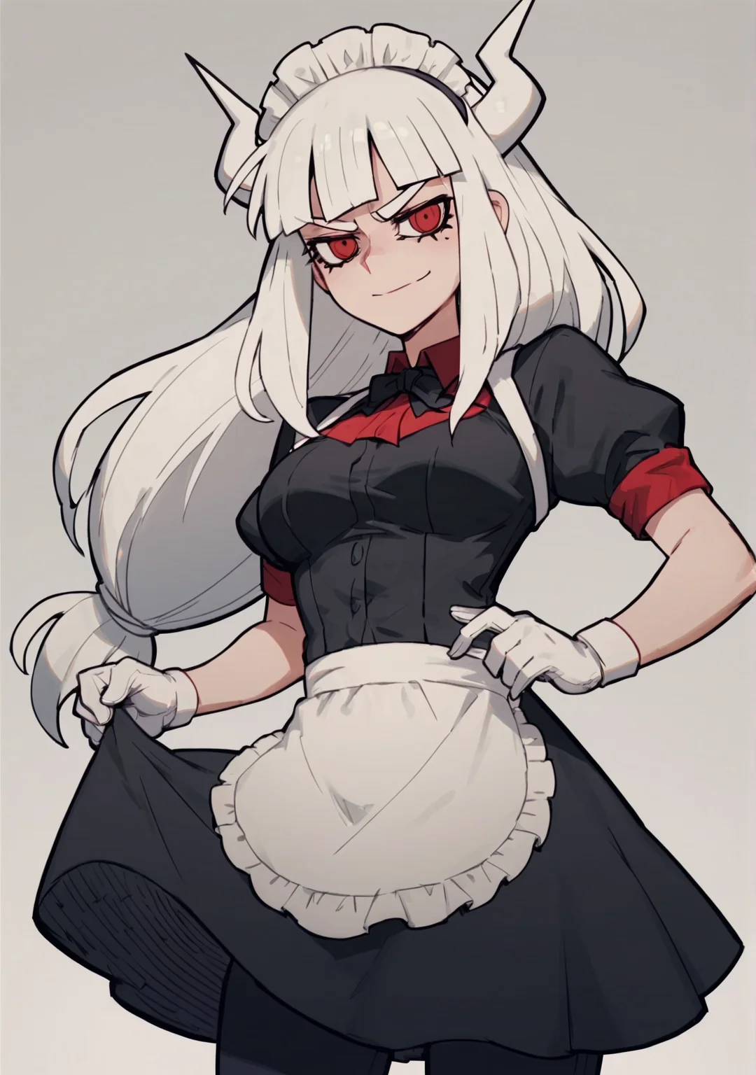 Score_9, Score_8_Up, Score_7_Up, Score_6_Up, Score_5_Up, Score_4_Up, anime screencap, cowboy shot,
<lora:Lucifer (Autism Mix (XL):0.8> 1girl, lucifer (helltaker), horns, white hair, long hair, blunt bangs, red eyes, maid, maid headdress,