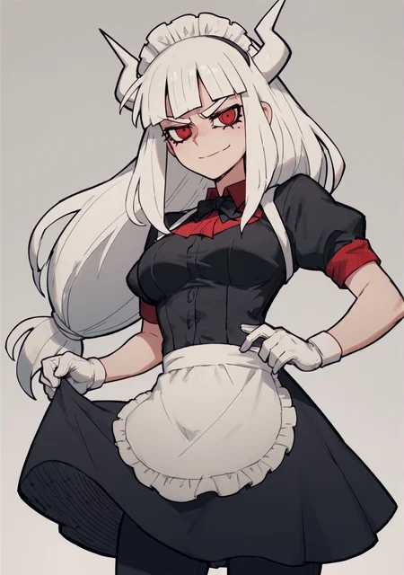 Score_9, Score_8_Up, Score_7_Up, Score_6_Up, Score_5_Up, Score_4_Up, anime screencap, cowboy shot,
<lora:Lucifer (Autism Mix (XL):0.8> 1girl, lucifer (helltaker), horns, white hair, long hair, blunt bangs, red eyes, maid, maid headdress,