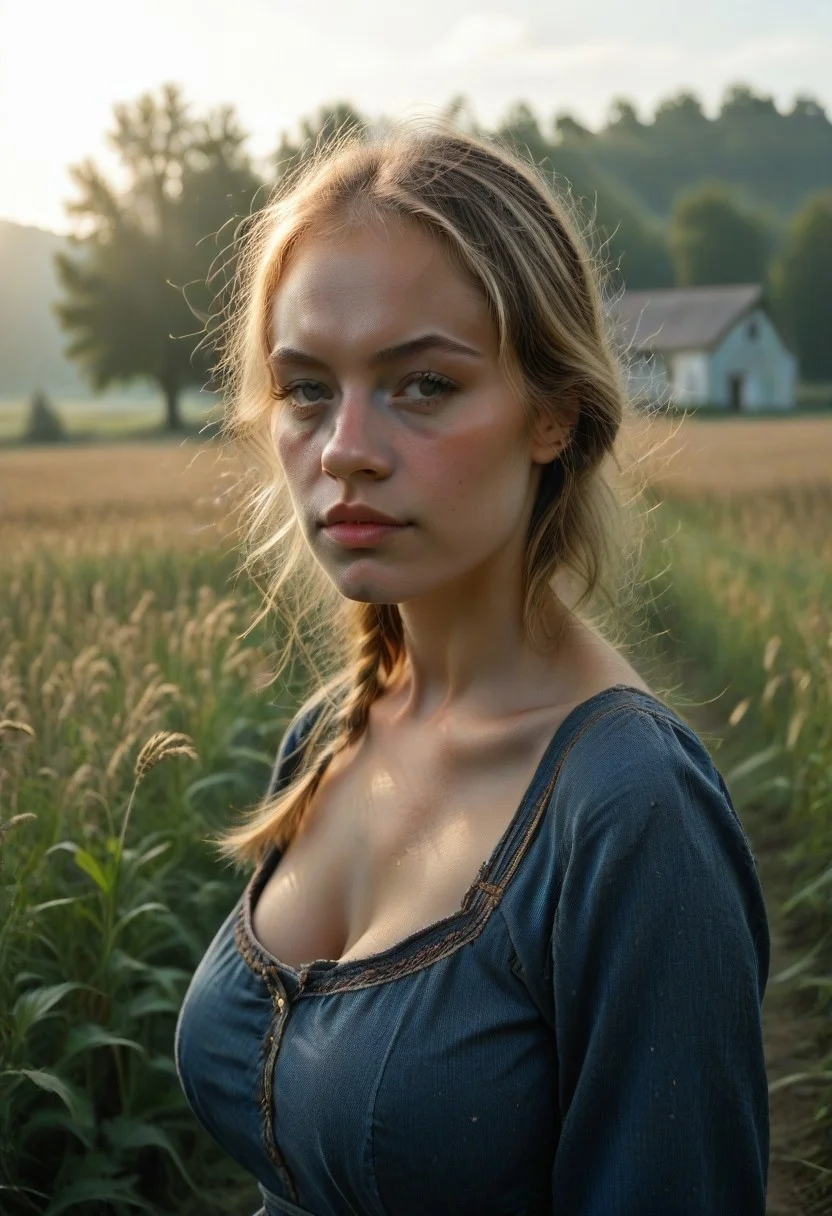 masterpiece, best quality, amazing quality, very aesthetic, absurdres, Guinwen, Guin, sarafan, blue dress, wheat field, trees, bushes, barn, day, cloud,  blonde hair, huge breasts, slim body, highly detailed, mist, close up, portrait, eyelashes, black eyeliner
