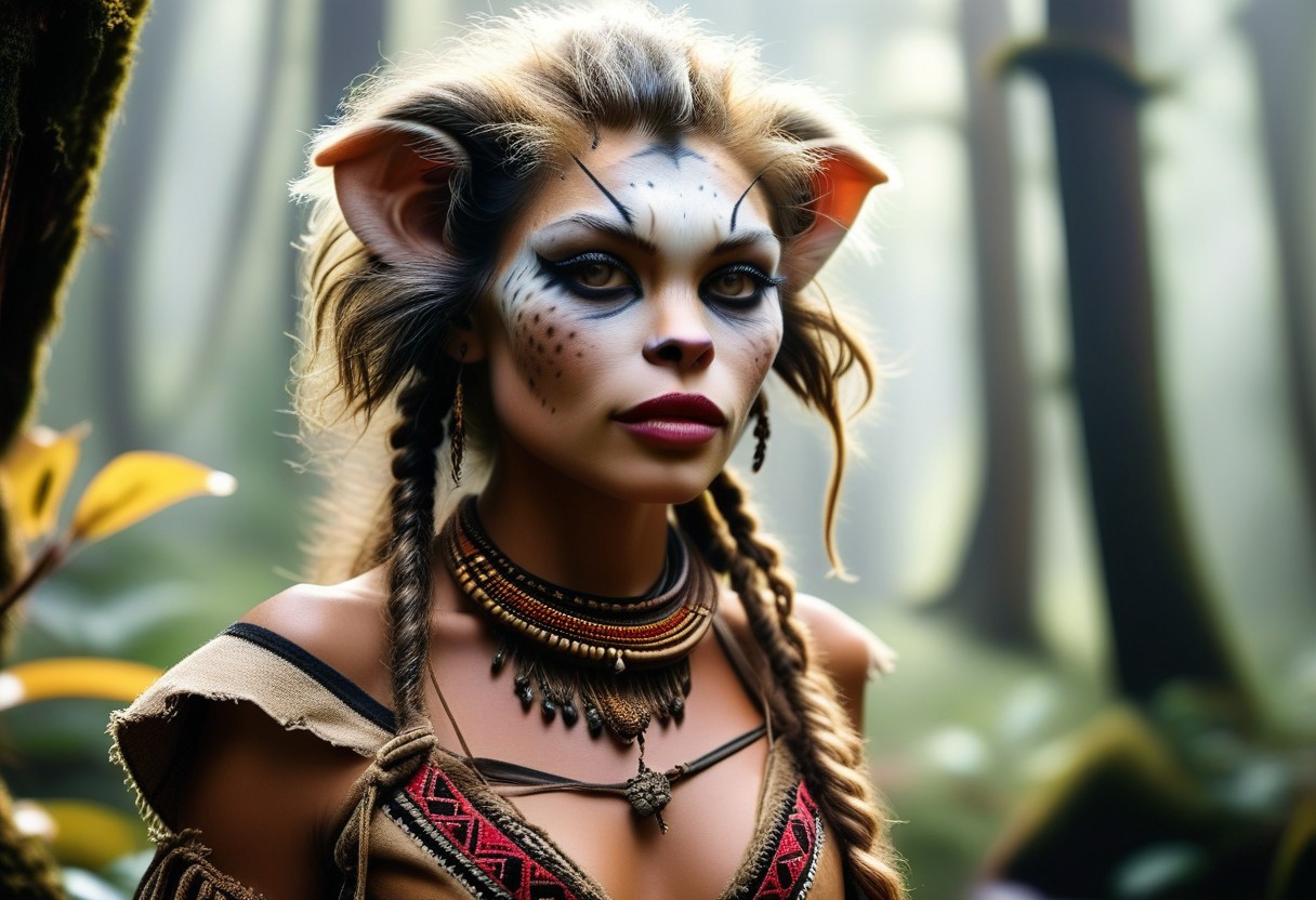 “Extremely detailed photorealistic 8K rendering: Genetically plausible human-vervet hybrid (anthropomorphic anatomy: upright stance, thick brown-gray fur on forearms/legs/tail, human facial structure with subtle ape-like features – elongated jawline, flattened bridge of nose, and weak eyebrow ridge). Clothing: Tribally inspired leather armor with hand-crafted geometric patterns, worn linen tunic dyed with natural pigments, and weathered wooden bracelets carved with realistic animal motifs, standing in a pristine temperate rainforest (ancient Sitka spruce trees with peeling bark, shallow stream with visible river rocks and sediment). Holding a smoldering clay bowl of medicinal herbs biologically accurate steam.
"An ultra-attractive and sexy female human-vervet hybrid, with striking, expressive almond-shaped eyes and slightly pointed ears, adorned in edgy rocker clothing. She sports a black leather jacket with studs and patches, ripped jeans, and combat boots. Her dark, curly hair is styled in a messy, voluminous fashion. A hint of a mischievous grin plays on her lips, accentuated by bold dark lipstick. The lighting is dramatic, with a strong spotlight highlighting her features against a smoky, dimly lit background. The image captures a bold and seductive vibe, showcasing her unique and captivating hybrid nature. A professional, cinematic shot captures the subject in sharp detail, creating a high-quality image rendered in the SDXL style."