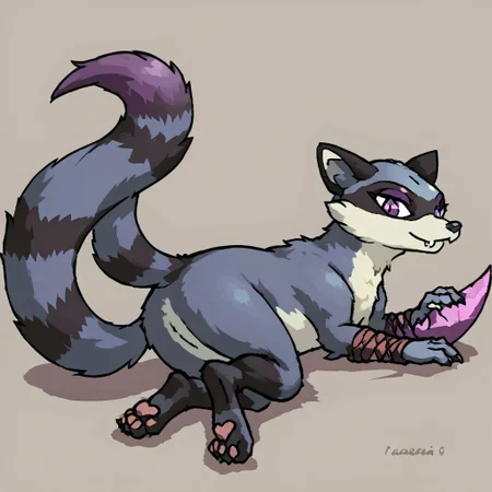 maypul, dark purple fur color, raccoon, female, solo, 1girl, evil, pink/purple demon eyes, abyss, shadow figure, evil, feral, looking at viewer, laying down, smiling, calm, fangs, cute, smooth lines yistyle
watercolor
painting
clean
no blur
vector