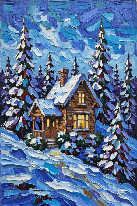 impasto oil painting. a beautiful house at christmas, snowing, forest background <lora:Flux-Sch-SingleBlocks-BF16:1.0> <lora:impasto6_cap_d6a3e11:1.0><lora:804334425773996886:0>