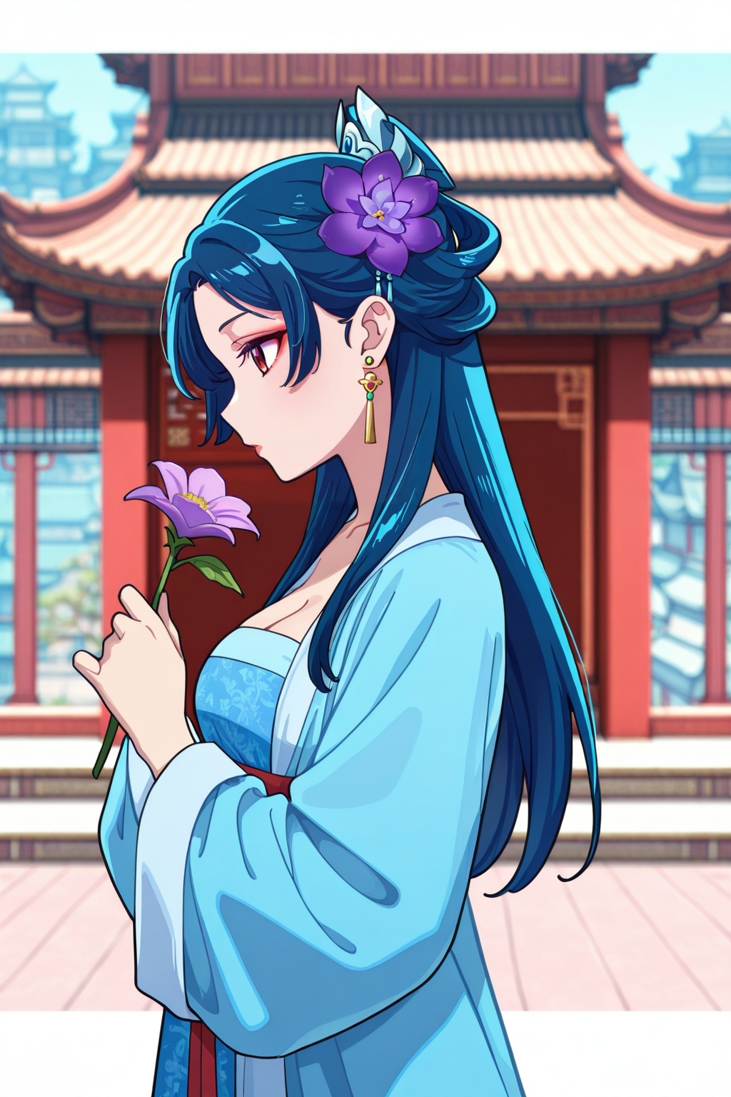 <lora:ApothecaryDiaries:1>, ApothecaryDiaries, 1girl, flower, earrings, jewelry, solo, hair ornament, chinese clothes, long hair, outdoors, hanfu, holding, hair flower, architecture, blue hair, makeup, holding flower, long sleeves, day, east asian architecture,  cleavage, from side, purple flower, red eyes, profile, dress, blurry background,