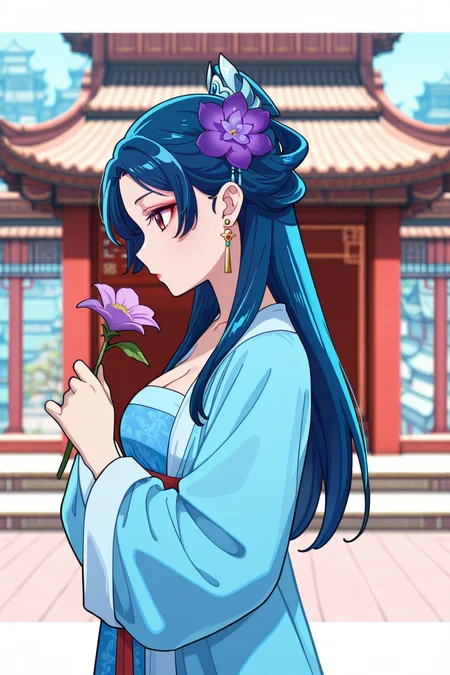 <lora:ApothecaryDiaries:1>, ApothecaryDiaries, 1girl, flower, earrings, jewelry, solo, hair ornament, chinese clothes, long hair, outdoors, hanfu, holding, hair flower, architecture, blue hair, makeup, holding flower, long sleeves, day, east asian architecture, cleavage, from side, purple flower, red eyes, profile, dress, blurry background,