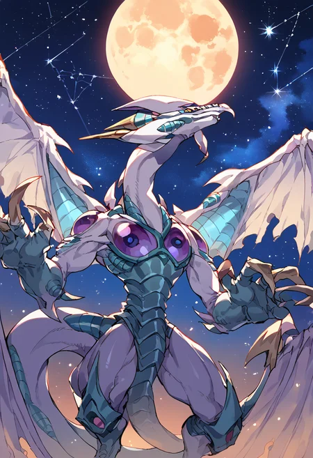 score_9,score_8_up,score_7_up,source_anime,zPDXL3,space,night,night sky,star (sky),sky,starry sky,galaxy, constellation,
*//*,<lora:StardustDragon_Pony:1>,stardustdragon_ygo,no humans,solo,duel monster,dragon,wings,tail,claws,horns,
*//*,looking at viewer,cowboy shot,dutch angle,