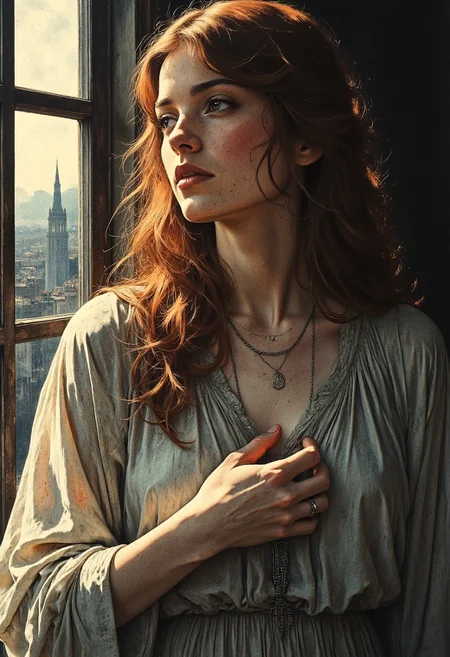 A wistful woman stands by a window, her delicate features illuminated by the soft glow of moonlight filtering through the panes. Her long auburn hair falls gracefully over her shoulders, framing her freckled face and expressive eyes filled with quiet yearning. Dressed in a sheer, flowing garment, she holds a silver chain lightly against her chest, her fingers resting gently as if lost in thought. The serene nighttime landscape with chalky, thick fog outside contrasts with the intimate interior shadows, creating a poignant atmosphere of longing and introspection.