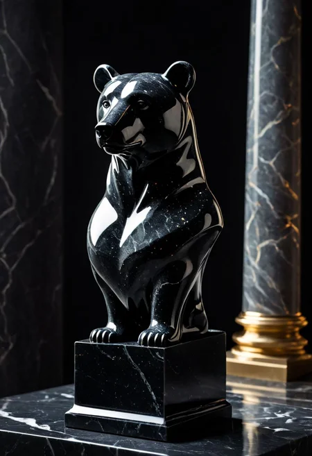Fujifilm XT3, Sony A7 IV, (award winning photography) a (black: 0.79) marble simple (stylized: 1.49) (anthropomorphic bear) bust statue made of opal (Kintsugi: 0.89) set on a pedestal in temple, glistening. in the background beautiful pillars, divine (iridescent: 0.79), opalescent textures, volumetric light, ethereal, sparkling, studio photo, highly detailed, sharp focus (highest quality: 1.39) (highest coherency: 1.39) (award winning photography), highly detailed photography, (muted colors, cinematic, dim colors, soothing tones:1.2), vibrant, insanely detailed, hyperdetailed, (dark shot:1.2), (vsco:0.3), (intricate details:0.9), (hdr, hyperdetailed:1.2) (vignette), sss, raw photo, fijifilm, kodak, cinematic film grain, mesopotamian, babylonian