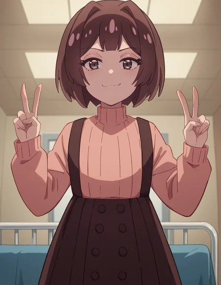 score_9, score_8_up, score_7_up, source_anime, <lora:sakura-sonoue-s1-ponyxl-lora-nochekaiser:1>, sakura sonoue, short hair, bangs, brown hair, brown eyes, hair intakes, bob cut,, skirt, long sleeves, sweater, suspenders, high-waist skirt, brown skirt, suspender skirt, pink sweater, hospital room, bedside, get well flowers, comforting, quiet, , looking at viewer, v, v over mouth, smug,, solo,, cowboy shot, dutch angle