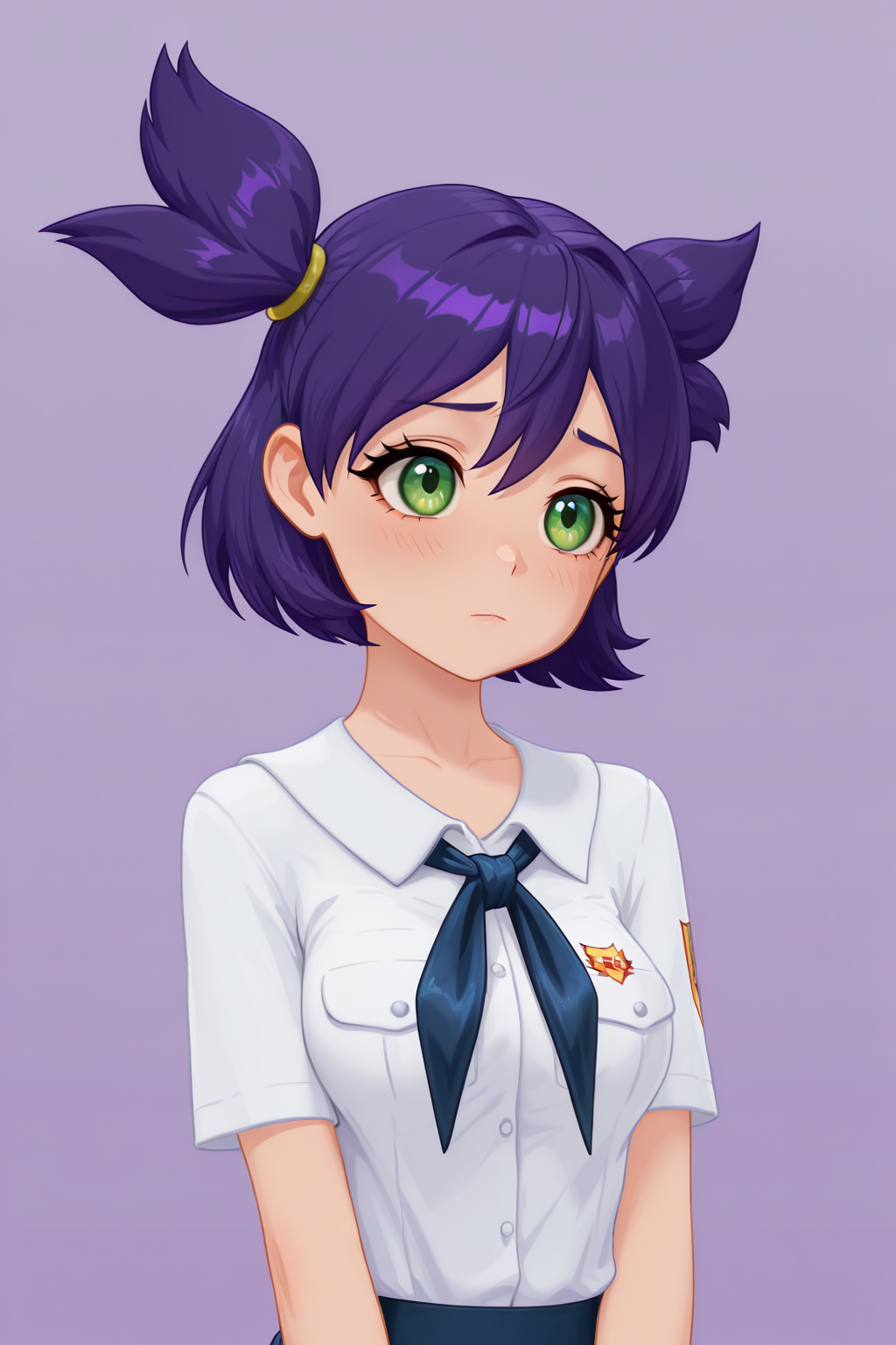 RIIIILF, BTBF, G3NSHIN, 3D, FLenaF, purple hair, green eyes, two ponytails, 1girl, solo, simple background, soft, smooth, very aesthetic, masterpiece, best quality, amazing quality, 8k, ultra-HD, high detail
