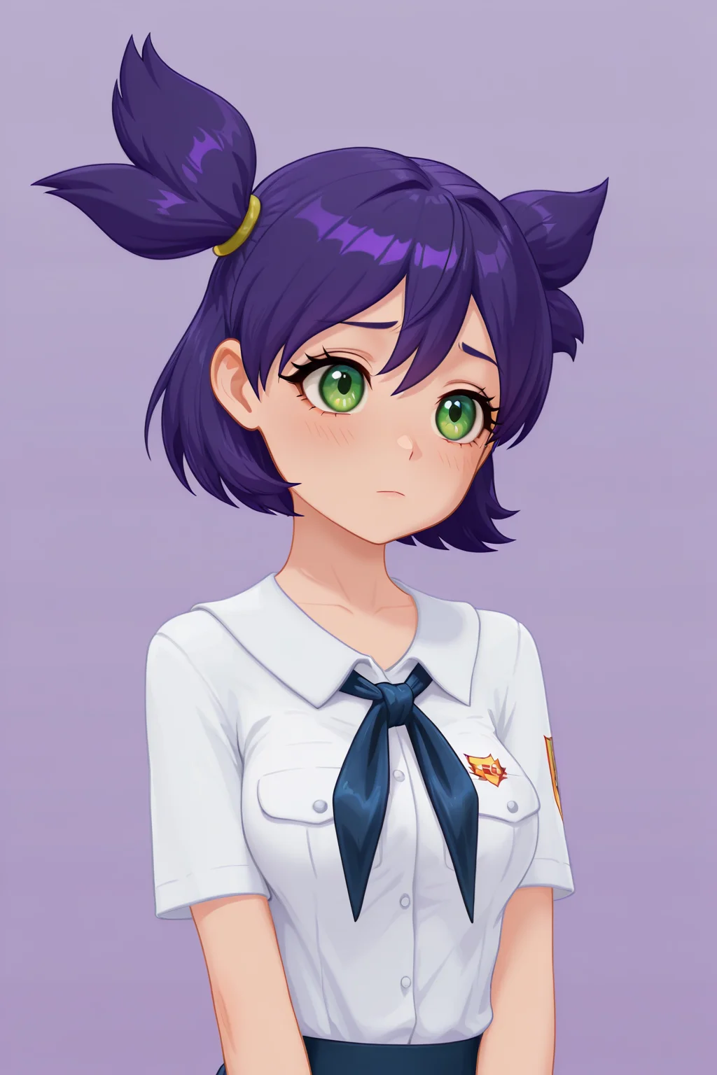 RIIIILF, BTBF, G3NSHIN, 3D, FLenaF, purple hair, green eyes, two ponytails, 1girl, solo, simple background, soft, smooth, very aesthetic, masterpiece, best quality, amazing quality, 8k, ultra-HD, high detail
