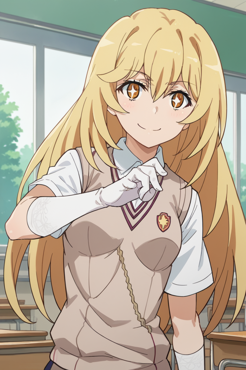 score_9, score_8_up, score_7_up, source_anime,
misakishokuhou, <lora:misaki-shokuhou-s3-ponyxl-lora-nochekaiser:1>,
misaki shokuhou, blonde hair, hair between eyes, long hair, symbol-shaped pupils, yellow eyes, smile,
elbow gloves, gloves, school uniform, short sleeves, summer uniform, sweater vest, tokiwadai school uniform, white gloves, light brown sweater vest,
indoors, classroom,
looking at viewer, cowboy shot, dutch angle, dynamic pose,