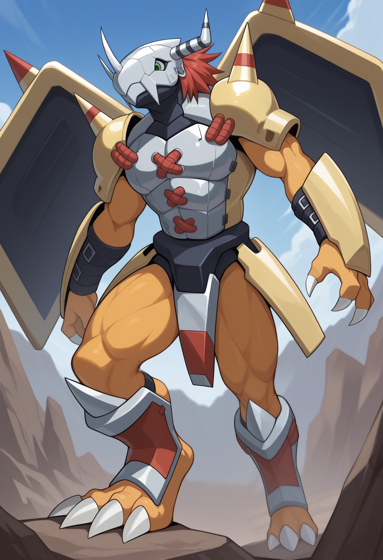 masterpiece,best quality,amazing quality, 1boy, solo, w4rgr3ym0n, digimon (creature), orange skin, green eyes, red hair, helmet, chest armor, shoulder armor, shoulder spikes, gauntlets, leg armor, black waist armor, crotch plate, gold faulds, mechanical wings, full body, outside,