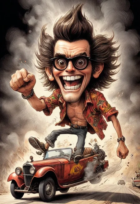 illustration, Ace Ventura driving his vintage modified junket Hot Rod Rat Rod street machine, leaving behind a trail of thick black exhaust smoke in his wake along with his enemies wanting him stopped, his ((Hot Pursuit Chase towards Victory)), positioned seated leaning out overhanging the armrest of car door, leaning top half of his body outside his car, his arm fully stretched to reach his steering wheel, dark retro sunglasses, his hair unaffected by wind, fearless heroic, charisma is charismatic and intoxicating, outrageously ridiculous, Tim Burton, hyper-realistic, very detailed, micro pen art, dark vignette, film grain, sharp lines, high dynamic range, light sepia, Gray, Red And Gold Color Scheme, Pet Detective style, ink art