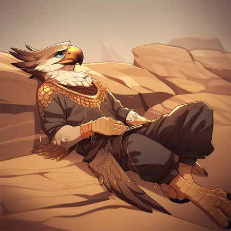 <lora:Patto_Style_v2_PonyXL:0.78> by patto, patto, score_9, score_8_up, score_7_up, score_6_up, score_5_up, score_4_up, source_furry, rating_safe, hawk, gold hair, blue eyes, beige body, clothed, clothing, detailed background, on a sandy dune, leaning back, male, rating_safe,