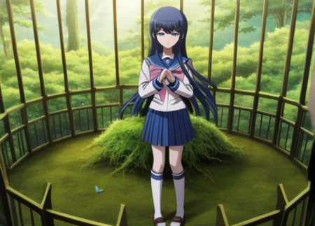 <lora:Sayaka_Maizono_SDXL:1>, This anime screencap is from Danganronpa the Animation. Sayaka Maizono wearing her uniform from Danganronpa 1. She has her long blue hair down. She is wearing the white and blue Hope's Peak Academy uniform with a bright white top. Her sleeves reach her wrists. She's wearing a light pink ribbon. She has a short, pleated, blue skirt. Sayaka Maizono wears navy blue thigh-high socks. Her footwear is dark brown Mary Janes shoes. All overgrown by cunning moss, All interspersed with weed, The little cage of "Currer Bell" In quiet "Haworth" laid. This Bird â observing others When frosts too sharp became Retire to other latitudes â Quietly did the same â But differed in returning â Since Yorkshire hills are green â Yet not in all the nests I meet â Can Nightingale be seen â