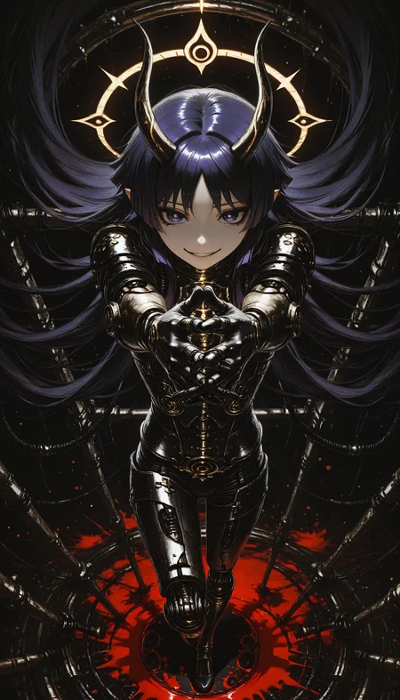 (AGM-Illu, re4lity_sync_illu, foreshortening, fisheye_lens, fisheye, best quality, abstract, steampunk, abstract_background, surreal, science_fiction, photoshop_(medium), original, horror_(theme), traditional_media, ink_splatter, blood_splatter, splatter_background, blurry, bokeh, HDR, contrapposto, dutch angle, depth of field, soft luminescent glow)
((genshin_impact scaramouche_(genshin_impact) scaramouche_(shouki_no_kami)_(genshin_impact)
1boy absurdly_long_hair armor black_background blunt_ends bright_pupils cable cross-shaped_pupils cyborg doll_joints electro_symbol_(genshin_impact) portrait evil_grin full_body gem gold_horns halo humanization interlocked_fingers japanese_armor joints long_hair looking_at_viewer male_focus mechanical_halo mechanical_hands mechanical_legs mitsudomoe_(shape) open_mouth outstretched_arms own_hands_together parted_bangs pointy_ears purple_eyes purple_gemstone purple_hair purple_rope rope shimenawa solo spine symbol-shaped_pupils tomoe_(symbol) very_long_hair white_pupils white_rope ))