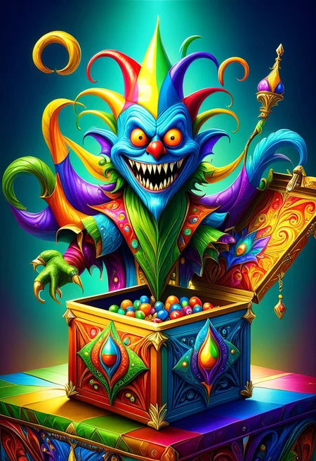 Monster in a box, high quality, masterpiece, jester in a colourful box design, elaborate fantasy style art, intricate details, ultra sharp, backlit, exquisite detail <lora:Monster_in_a_Box_SDXL:1>
