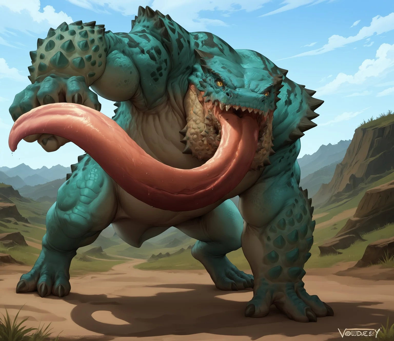 score_9, score_8_up, score_8, source_furry, 1girl, solo, realism, dynamic lighting, cel shading, Chatacabra, anthro, scalie, sharp teeth, yellow eyes, <lora:lowlight:0.3> <lora:25d:0.25> <lora:Color:0.3> <lora:Shader:0.3> <lora:Chatacabra-step00000600:0.8>, angry, long tongue