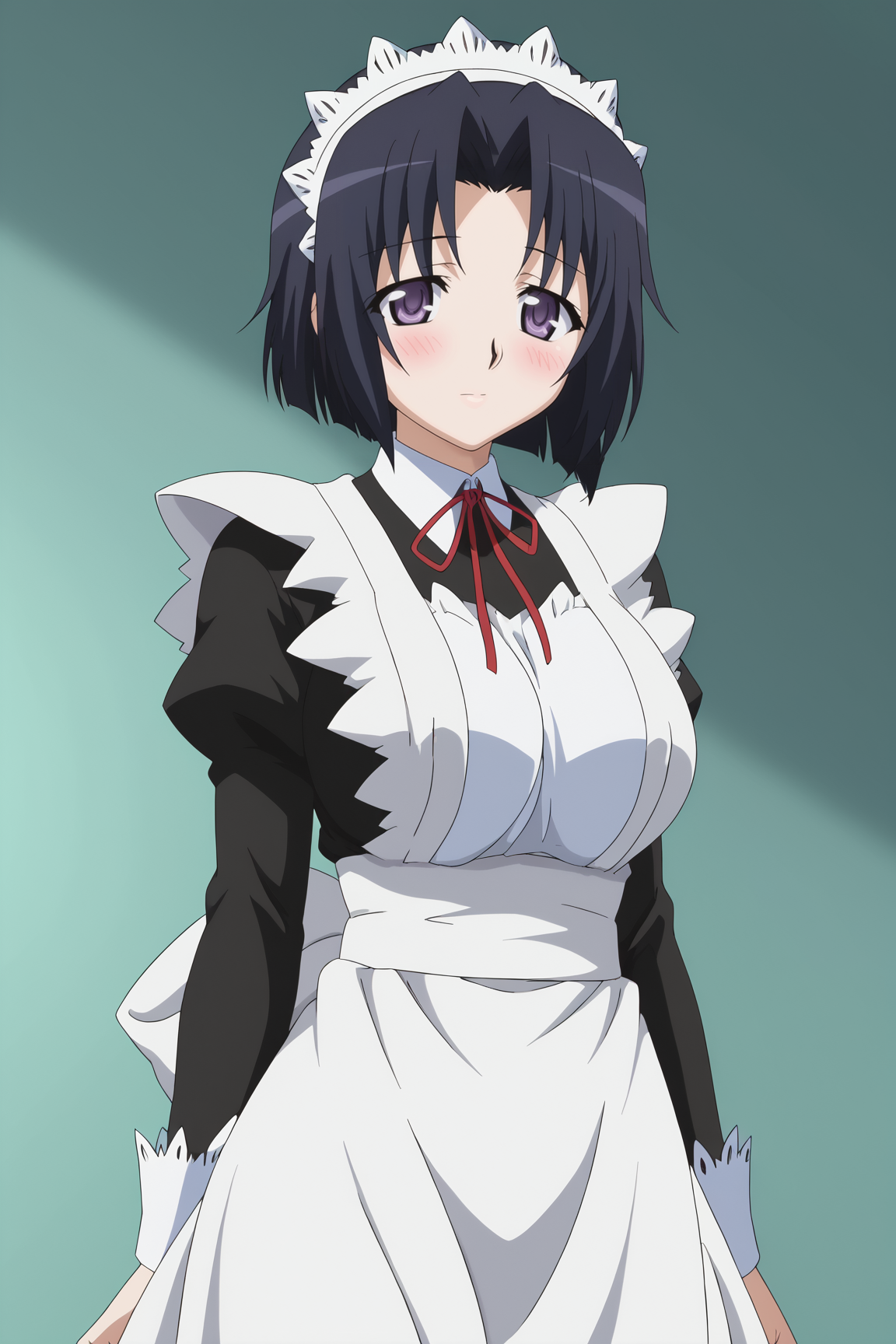 score_9, score_8_up, score_7_up, source anime, prefect lighting, very aesthetic, BREAK, anime coloring, anime screencap,
<lora:swing_out_sisters_v1-pony6:1>, 1girl, chiyo \(swing out sisters\), purple eyes, black hair,  large breasts, 
BREAK, looking at viewer, blush,
BREAK,  maid, maid headdress, apron,
