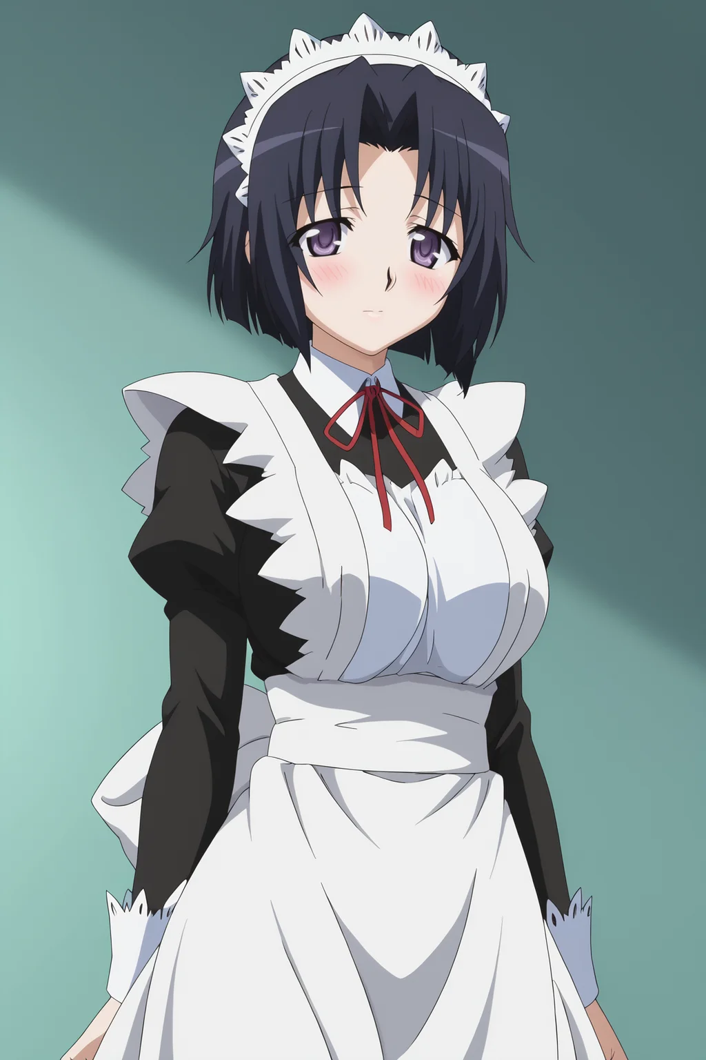 score_9, score_8_up, score_7_up, source anime, prefect lighting, very aesthetic, BREAK, anime coloring, anime screencap,
<lora:swing_out_sisters_v1-pony6:1>, 1girl, chiyo \(swing out sisters\), purple eyes, black hair, large breasts,
BREAK, looking at viewer, blush,
BREAK, maid, maid headdress, apron,