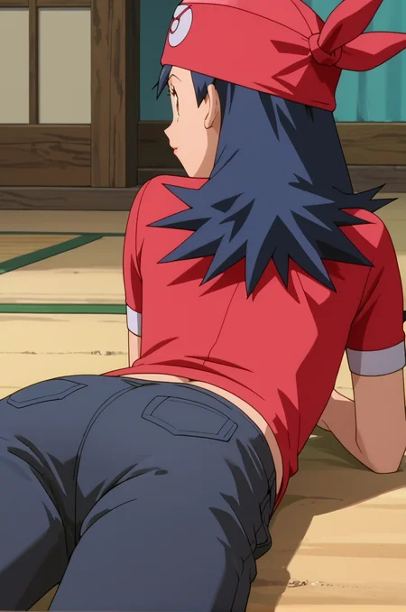 score_9, score_8_up, score_7_up, 1girl, solo, source_anime, anime_screencap, pkmLisa, red bandana, red shirt, brown eyes, <lora:pkmLisa:1> from behind, looking back, laying on stomach, ass,
