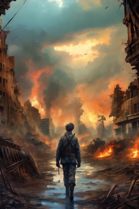 Wasteland Style, war, ruins, flames of war, tragic, miserable, 1boy, 20 years old, handsome, (Clear and sincere eyes:1.2),
<lora:add_detail:1>, <lora:Wasteland:1>,<lora:çµå½±ï¼æµ·æ¥_1:1>
