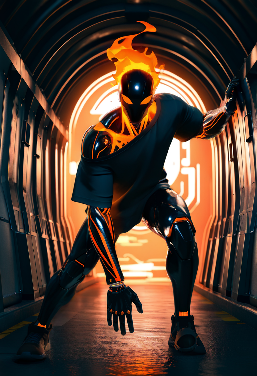 (masterpiece:1.35), (very aesthetic, best quality:1.3), 3d, cartoon coloring, Hard Lighting, 1boy, bara, male focus, (slender:1.2), Off-shoulder shirt, solo, orange fire, Minox DC 1055, Machine, dynamic pose, tunnel, highly detailed, absurdres,