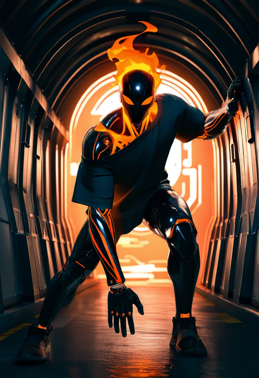 (masterpiece:1.35), (very aesthetic, best quality:1.3), 3d, cartoon coloring, Hard Lighting, 1boy, bara, male focus, (slender:1.2), Off-shoulder shirt, solo, orange fire, Minox DC 1055, Machine, dynamic pose, tunnel, highly detailed, absurdres,
