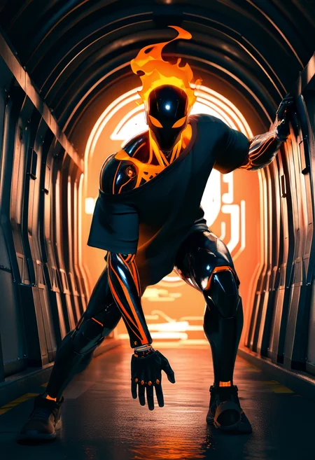 (masterpiece:1.35), (very aesthetic, best quality:1.3), 3d, cartoon coloring, Hard Lighting, 1boy, bara, male focus, (slender:1.2), Off-shoulder shirt, solo, orange fire, Minox DC 1055, Machine, dynamic pose, tunnel, highly detailed, absurdres,