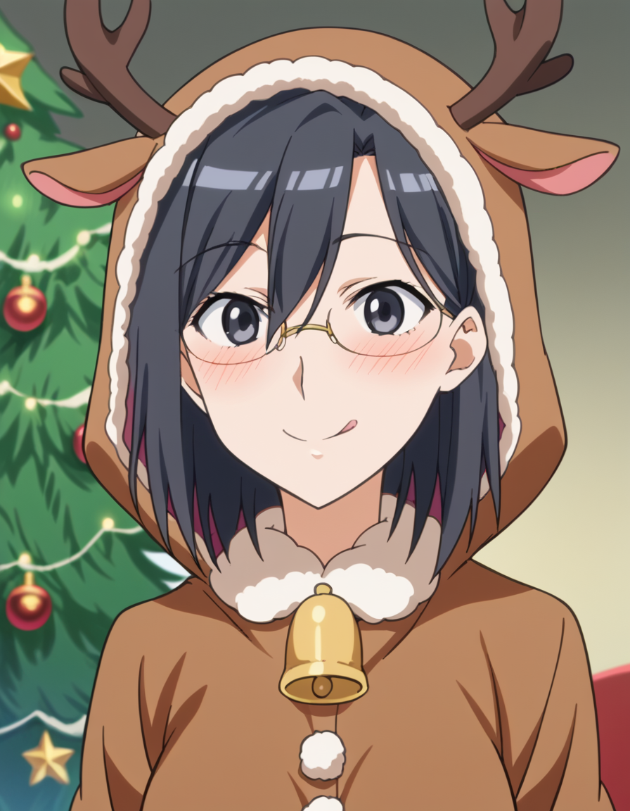 score_9, score_8_up, score_7_up, source_anime, <lora:mii-konori-s1-ponyxl-lora-nochekaiser:1>, mii konori, short hair, black hair, black eyes, glasses, hair between eyes, mature female, anime screencap,, <lora:reindeer-costume-ponyxl-lora-nochekaiser:1>, reindeer costume, animal costume, reindeer antlers, antlers, fake antlers, reindeer hood, christmas, red nose, deer ears, deer tail, christmas tree, bell, horns, reindeer,, blush, smile, tongue out, looking at viewer,, , dutch angle, cowboy shot