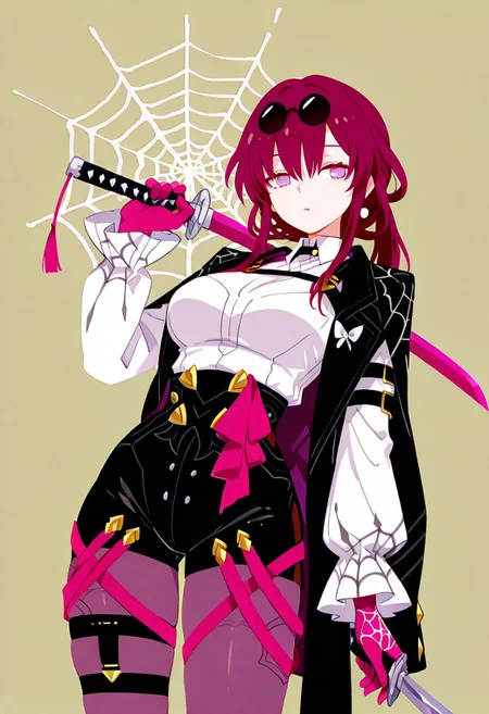 masterpiece,best quality,amazing quality, solo, Kafka_Honkai,red hair, long hair, large breasts, eyewear on head, white shirt, collared shirt, black coat, coat, purple gloves, high-waist shorts, thigh strap, long sleeves, pink pantyhose,sumg,holding katana , purple katana,
simple background, Claret background, spider web on background,haiz_ai, no lineart,no outline ,<lora:ponyv6_noobE11_2_adamW-000017:0.3> <lora:MeMaXL4:0.8> <lora:veluflora-wai:0.4> <lora:haiz_ai_illu:0.7>,
