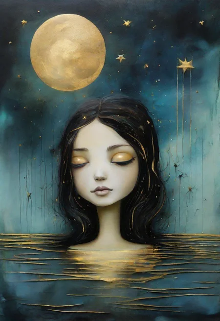 surreal  landscape  wet oil and alcohol ink, thin black and gold lines, 3-D, textured, centered, delicate, fantasy, magical, mystical, fragile. a young girl who gazes at the starlit sky ,and the moon, complementary colors, fantasy concept art,wet oil and alcohol ink, thin black and gold lines, 3-D, textured, centered, delicate, fantasy, magical, mystical, fragile." style  like  lowbrowart   8k