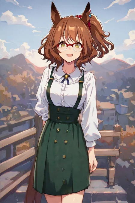 score_9, score_8_up, score_7_up, rating_safe, masterpiece, best quality, absurdres, source_anime,
aston machan \(umamusume\),1girl, horse ears, horse tail,  red over-rim eyewear, smile, looking at viewer, arm behind back, casual,  standing,  long sleeves, red hair scrunchie, side ponytail, green high-waist suspenders skirt, white collared shirt, bespectacled, blue neck ribbon, ear ornament
big smile open mouth,cowboy shot, 
 <lora:pony_aston_machan_v1.0:1.0>