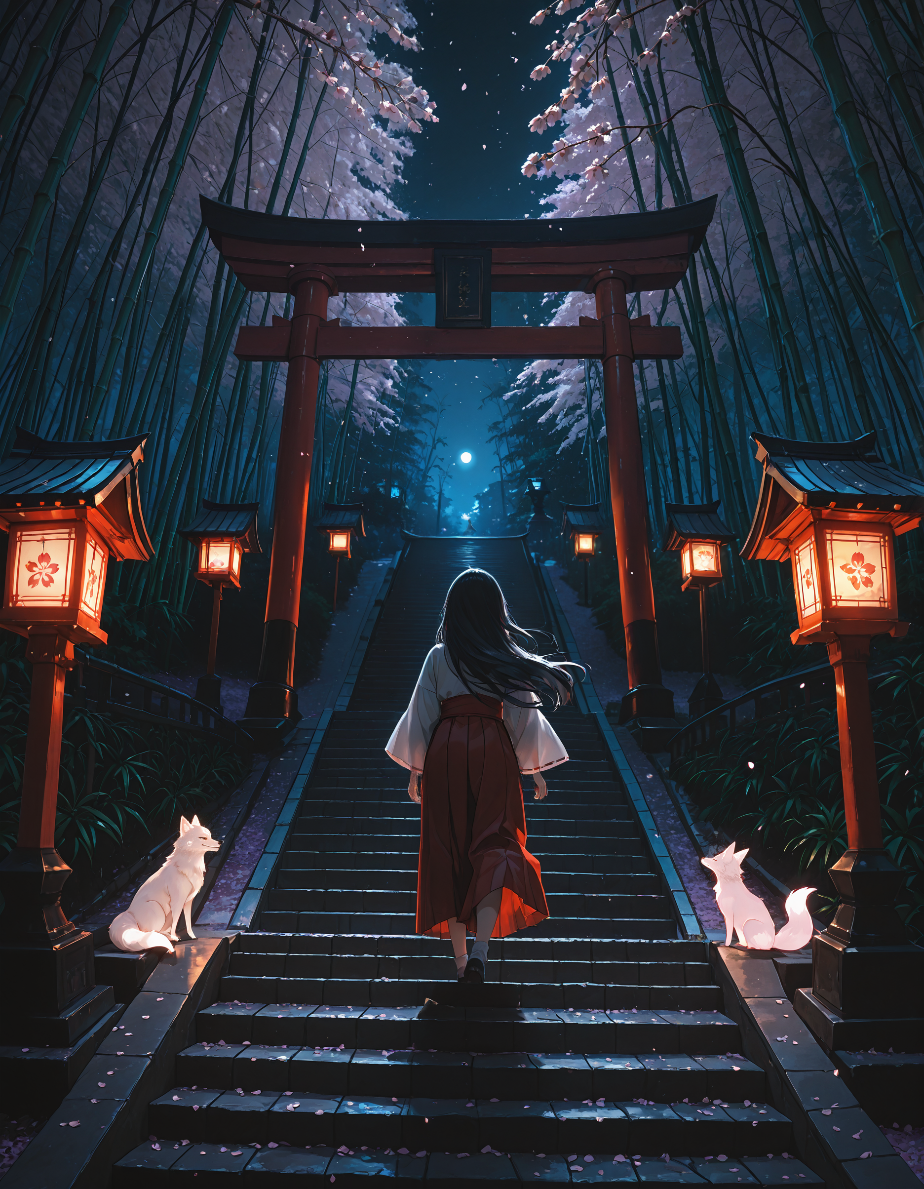 re4lity_sync_illu,
1girl, stairs, japanese clothes, nature, torii, miko, bamboo forest, skirt, hakama, black hair, hakama skirt, red hakama, fox, tree, long hair, solo, plant, flower, lantern, night, glowing lanterns, cherry blossoms, sakura petals, moonlight, mystical atmosphere, traditional shrine, flowing hair, serene expression, ancient tree, detailed background, soft lighting, cinematic lighting, subtle mist, glowing highlights, cultural authenticity, vibrant colors, aesthetic composition, harmonious palette, magical realism, depth of field, fox spirit, shrine steps, peaceful setting, delicate flowers, ornate hakama, traditional architecture, intricate details, ethereal beauty, high resolution
photo background, realistic background, masterpiece, best quality,  ,highly detailed, 8k, dynamic angle, intricate details, foreshortening, scenery,masterpiece,best quality,absurdres,incredibly absurdres, newest ,<lora:re4lity:1>