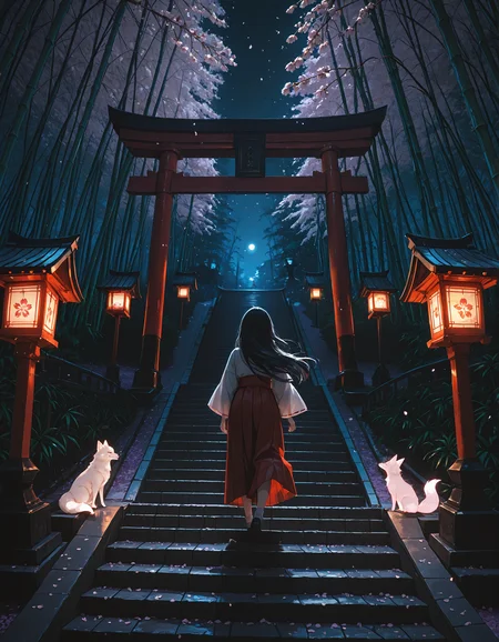 re4lity_sync_illu,
1girl, stairs, japanese clothes, nature, torii, miko, bamboo forest, skirt, hakama, black hair, hakama skirt, red hakama, fox, tree, long hair, solo, plant, flower, lantern, night, glowing lanterns, cherry blossoms, sakura petals, moonlight, mystical atmosphere, traditional shrine, flowing hair, serene expression, ancient tree, detailed background, soft lighting, cinematic lighting, subtle mist, glowing highlights, cultural authenticity, vibrant colors, aesthetic composition, harmonious palette, magical realism, depth of field, fox spirit, shrine steps, peaceful setting, delicate flowers, ornate hakama, traditional architecture, intricate details, ethereal beauty, high resolution
photo background, realistic background, masterpiece, best quality,  ,highly detailed, 8k, dynamic angle, intricate details, foreshortening, scenery,masterpiece,best quality,absurdres,incredibly absurdres, newest ,<lora:re4lity:1>