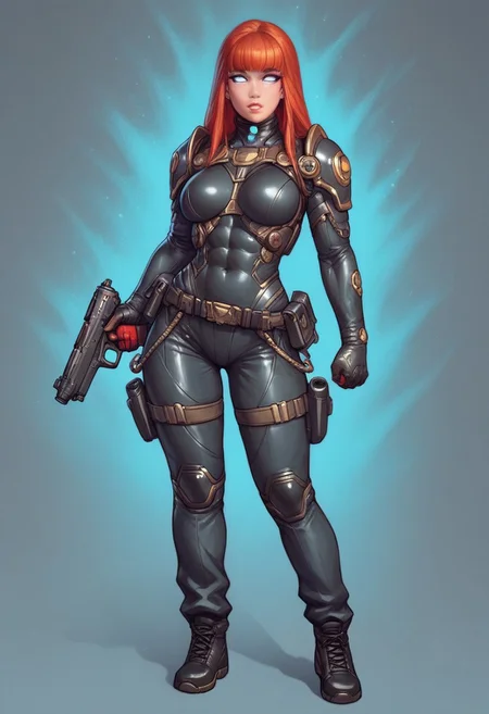((1girl, cute face, standing in wastelands, sands, dynamic pose,
Glowing aura surrounding a futuristic character like the Nomad, clad in a futuristic detailed brown suit handmade, (((army body armor))) patches on suit, redhead, long bangs,holographic blue light streaks, full face gasmask, (big shining white eyes without pupils:1.5), dynamic pose)),
BREAK
((((full closed)))), (((big futuristic gun in hands, sci-fi gun in hands)))
strange world background score_9, score_8_up, score_7_up, score_6_up, source_cartoon, rating_explicit, Expressiveh, (((((full body))))), dynamic pose