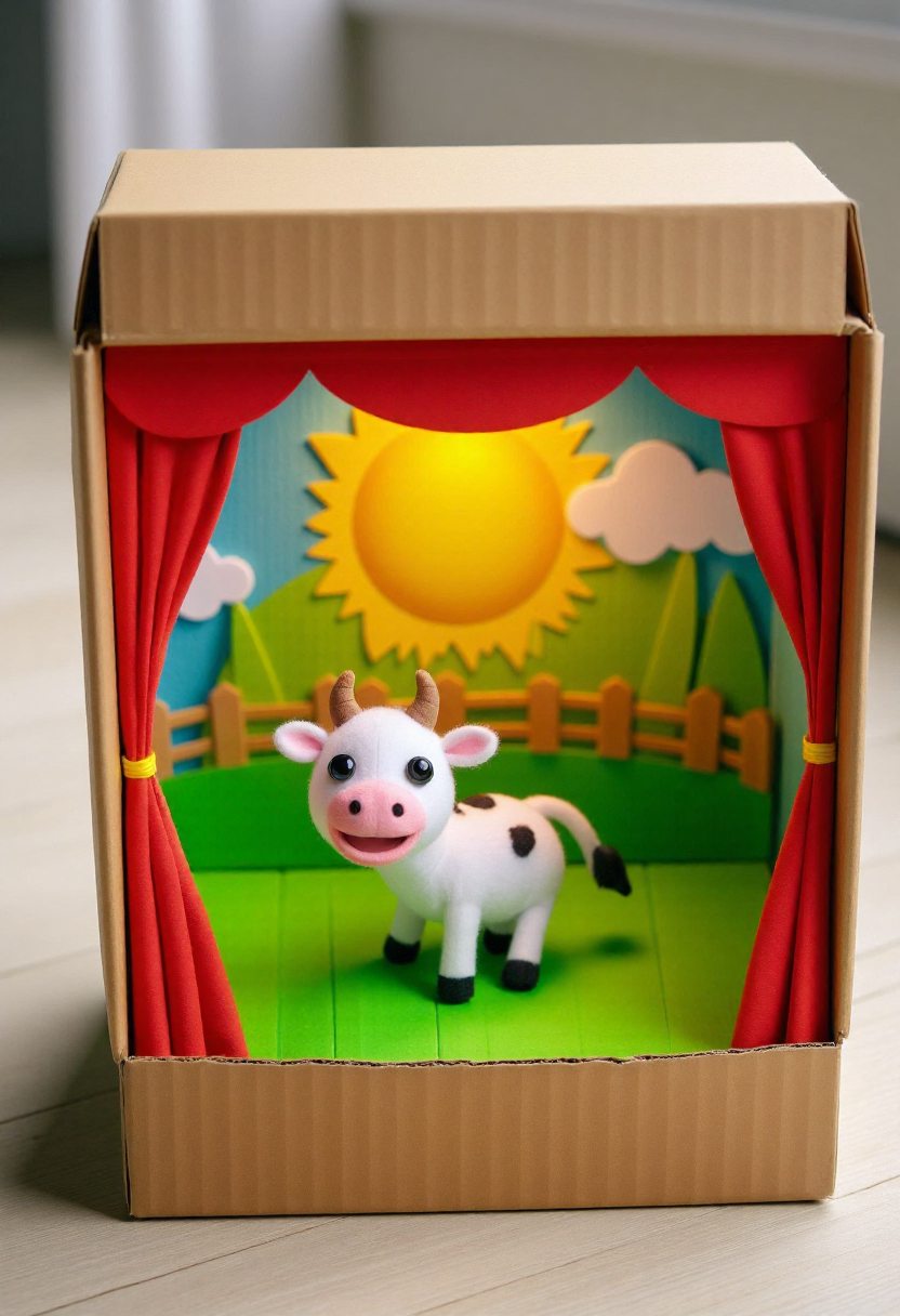 <lora:Finger_Puppet_Theater_FLUX-000013:0.9>
The image is a photograph of a whimsical, handcrafted diorama with a cardboard box set up as a stage,  featuring  a cow in a field
